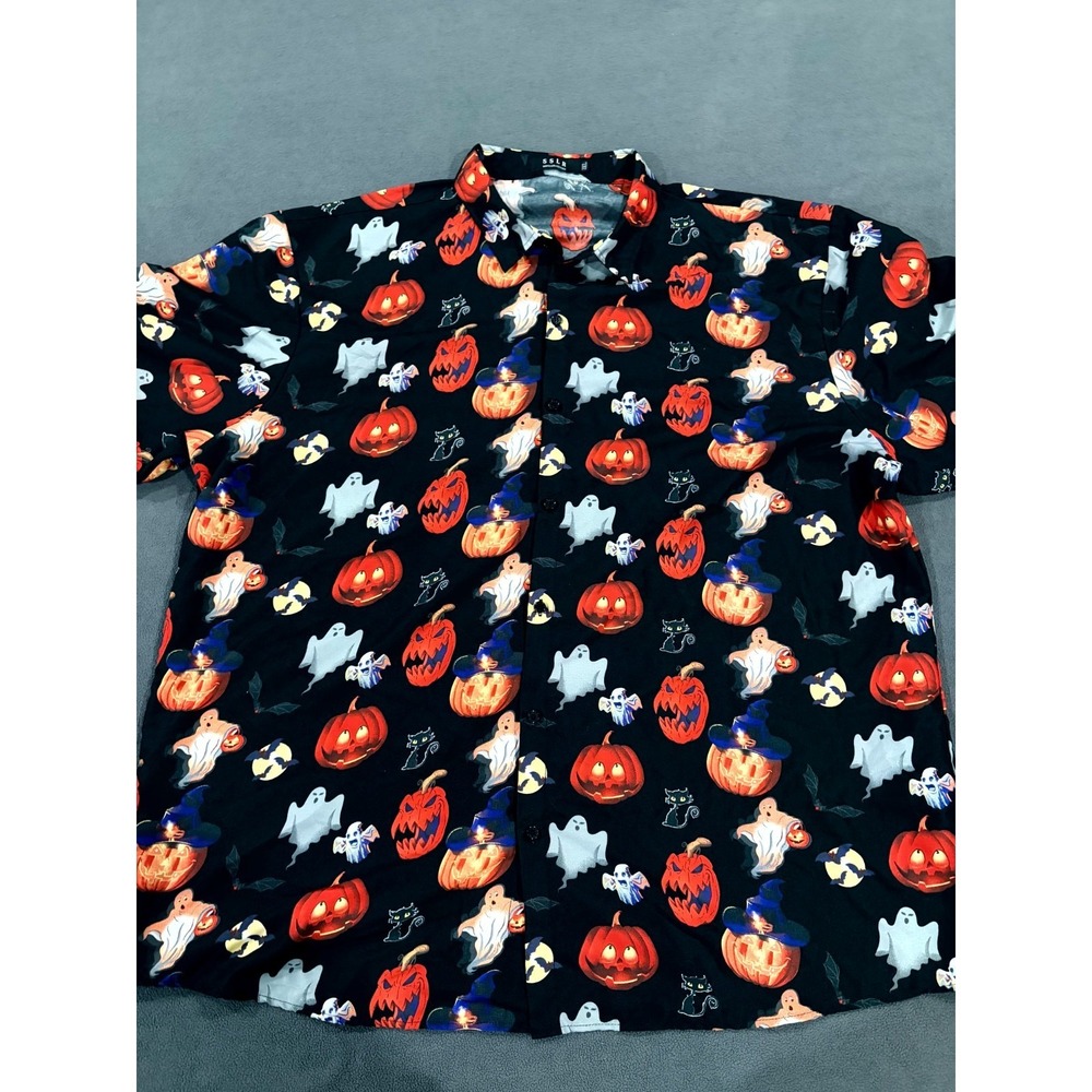 SSLR Shirt Mens 3XL Black Allover‎ Halloween Pumpkins Ghosts Print Button Up
